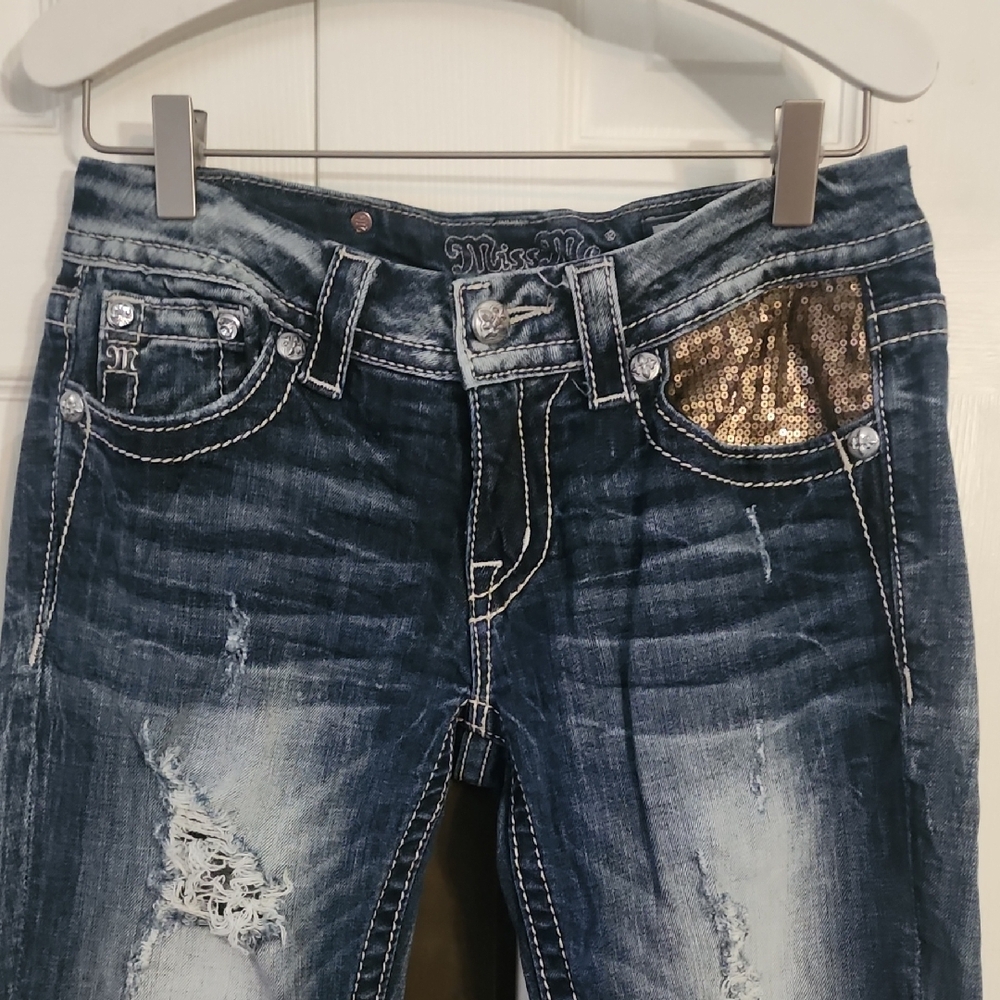 Miss Me Distressed Signature Rise Cuffed Skinny Blue Jeans Size: 27 - Picture 6 of 13